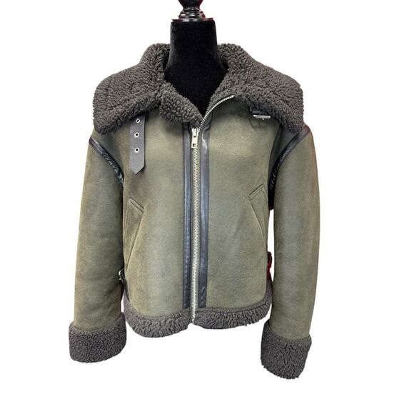 Zara Dark Olive Faux Shearling Double Faced Aviator Jacket Women Size XS Sherpa - Picture 5 of 13